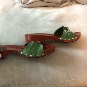 Gucci green, studded, suede, wood horsebit slides.